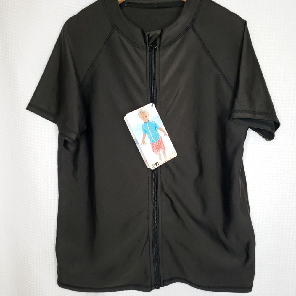 *Copy* NWT SwimZip Girls Boys Size 8-10 BLACK Rashguard Zip Up Swim Sun Shirt